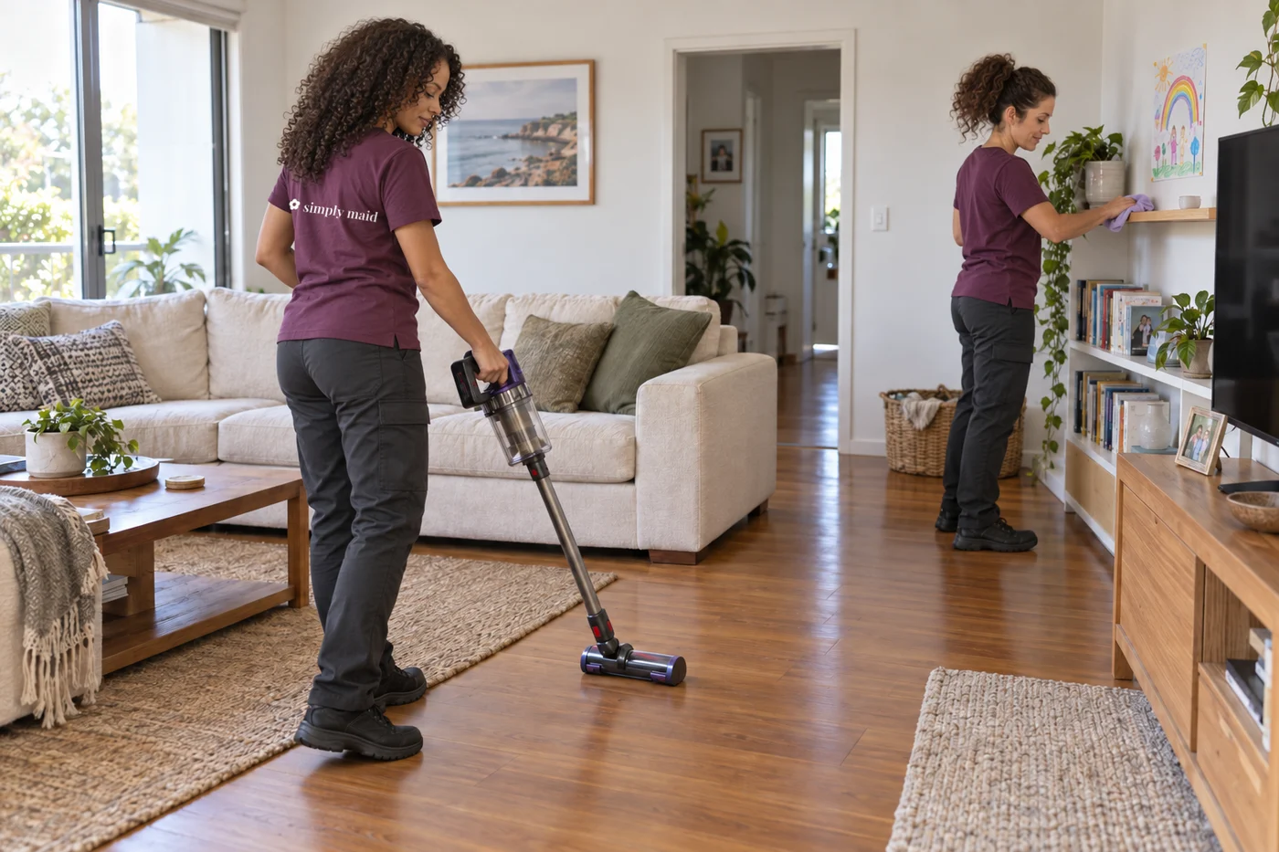 Two cleaning professionals in proposed plum uniforms, vacuuming a timber floor and dusting a shelf
