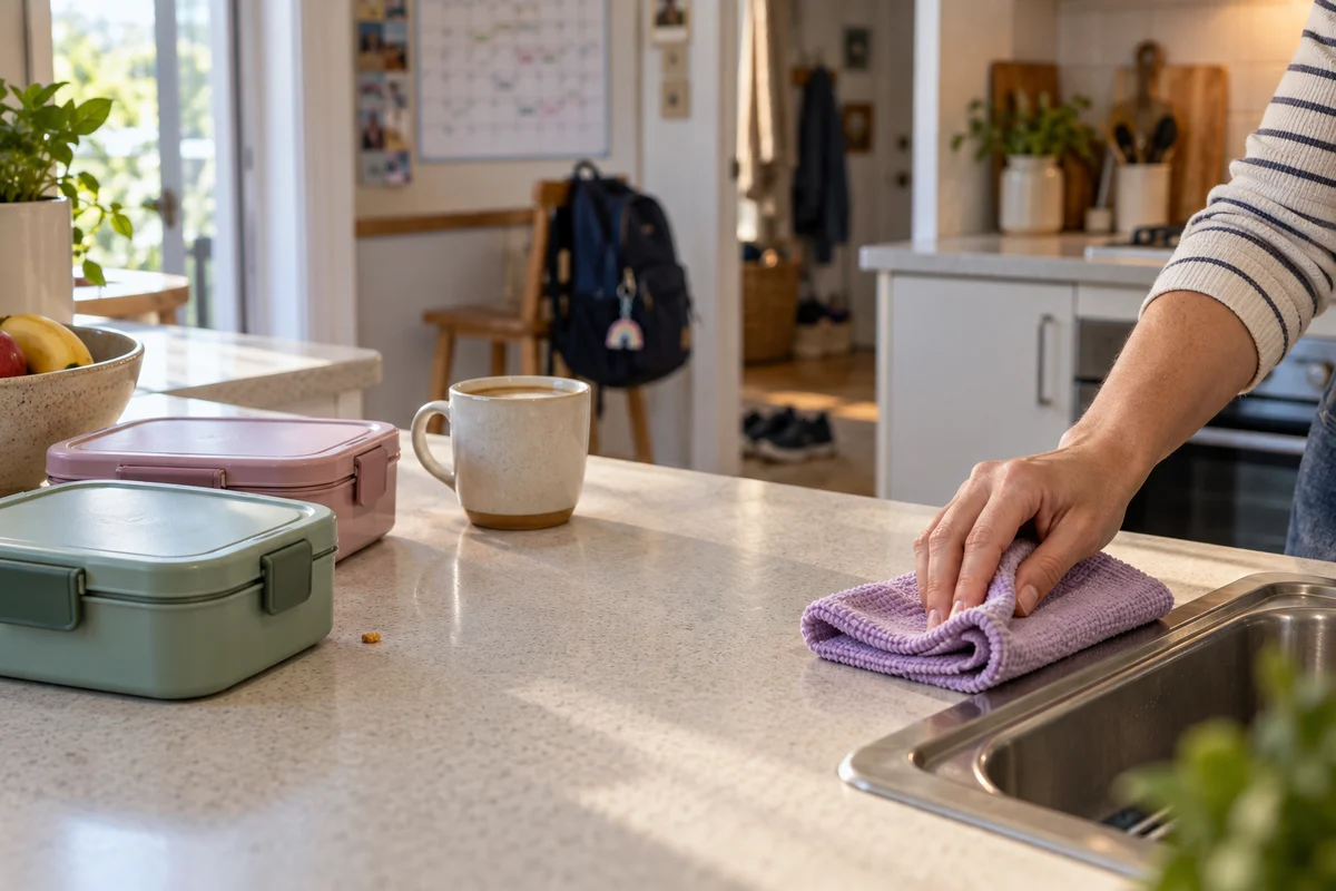 A hand folds a lilac cloth on a kitchen bench beside lunchboxes and a coffee cup.