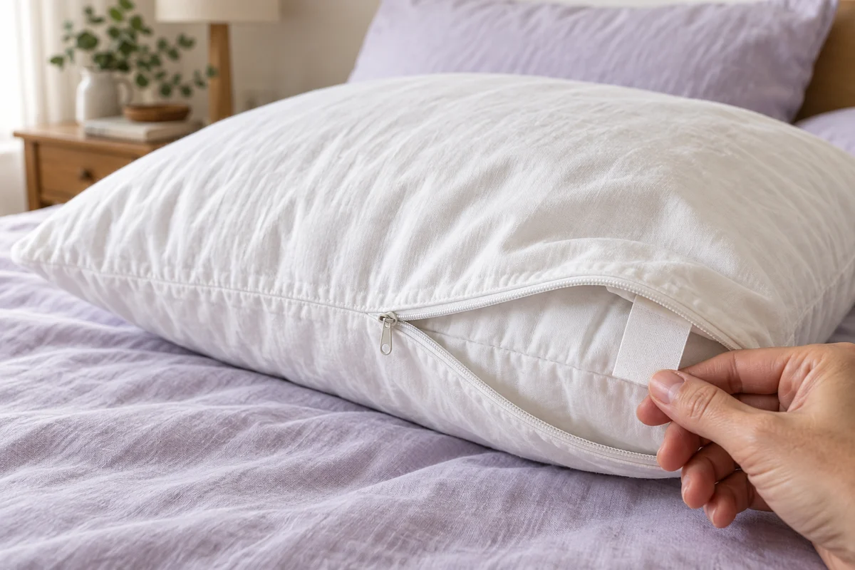 Hands open a white pillow cover to find the care label beside the filling.