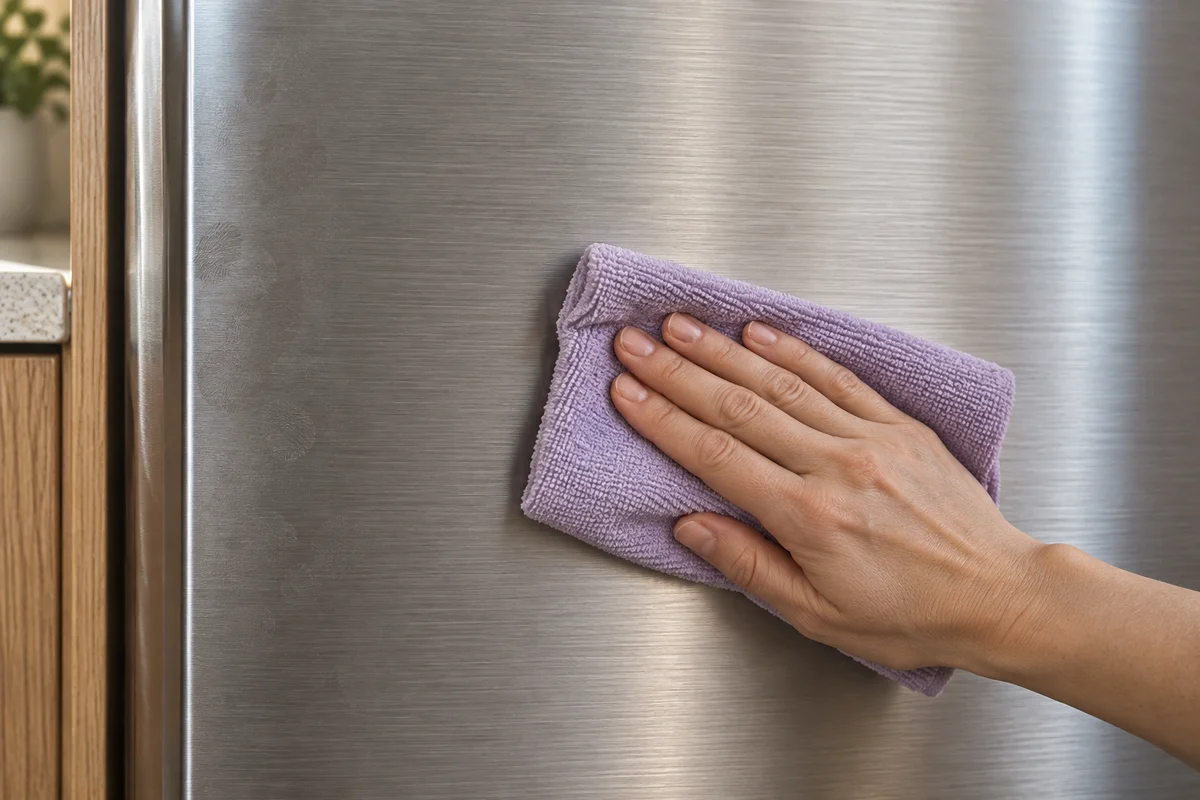 A hand wipes brushed stainless steel with a lilac cloth, following the visible grain.