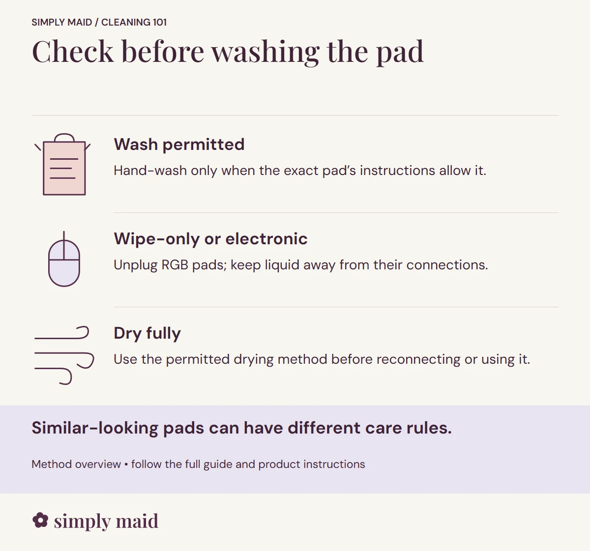 Check before washing the pad. Similar-looking pads can have different care rules.
