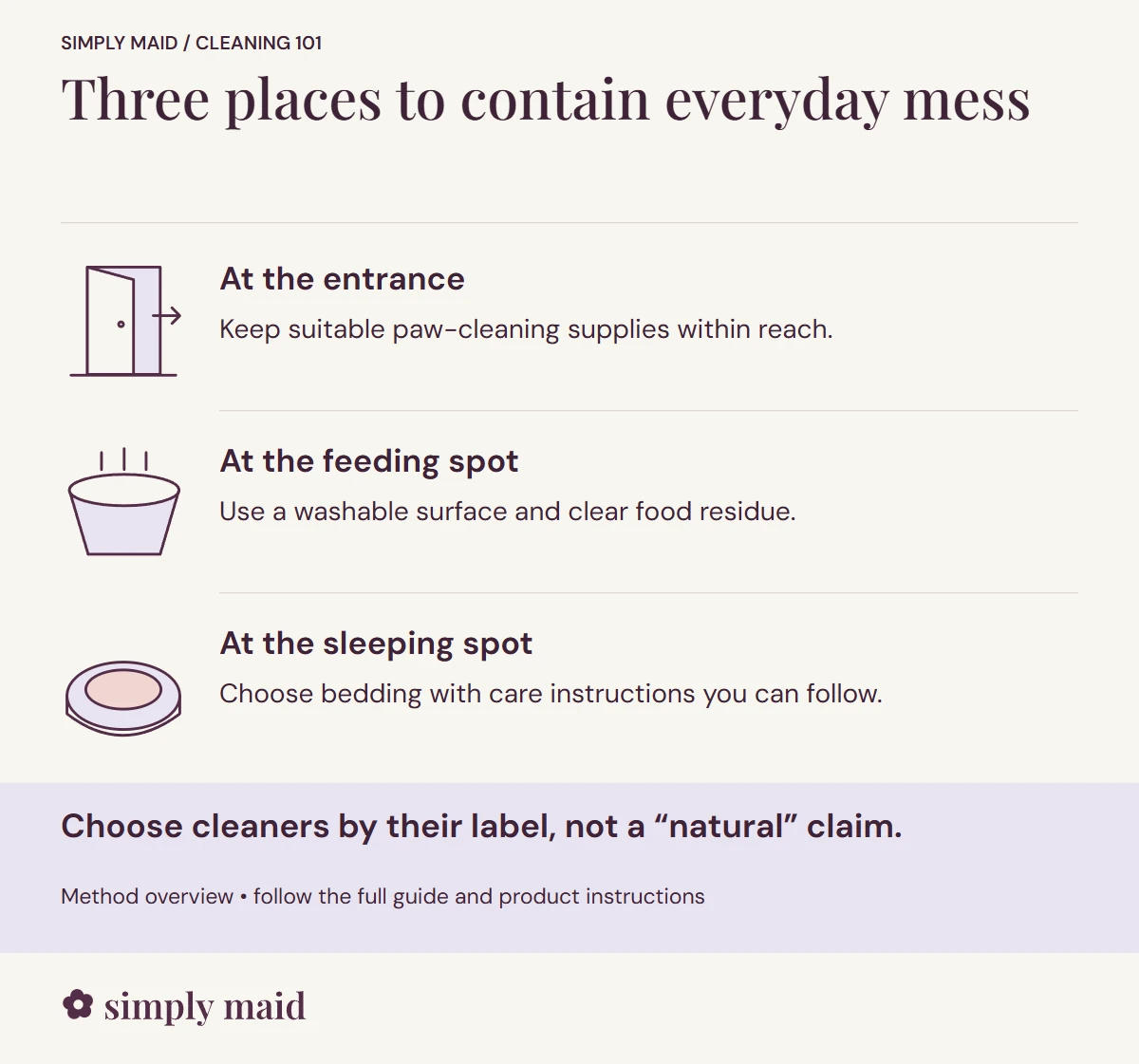 Three places to contain everyday mess. Choose cleaners by their label, not a “natural” claim.