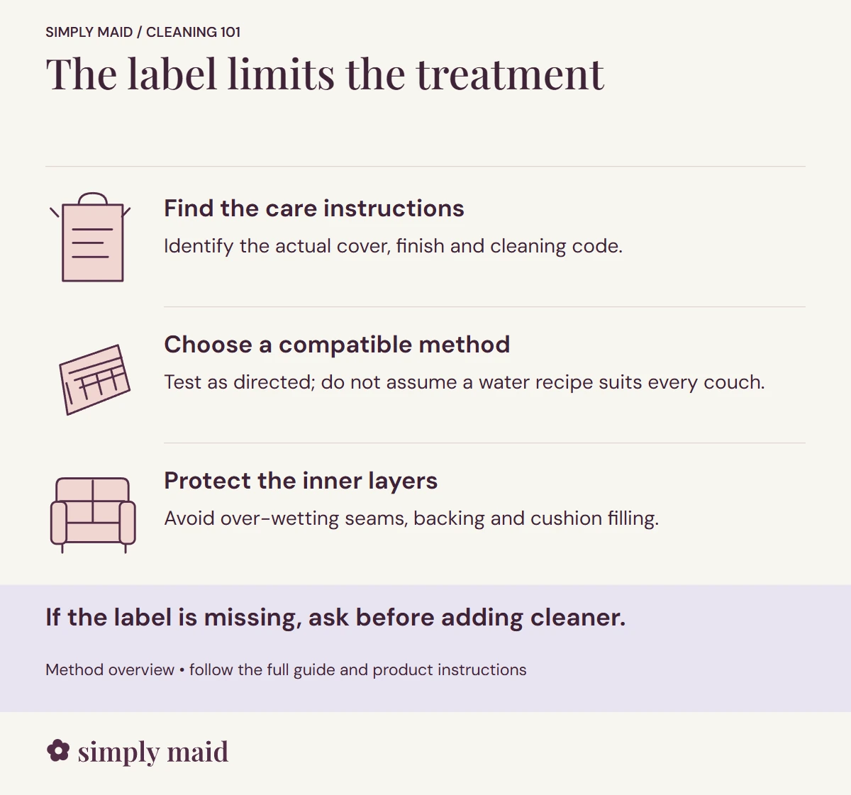 The label limits the treatment. If the label is missing, ask before adding cleaner.