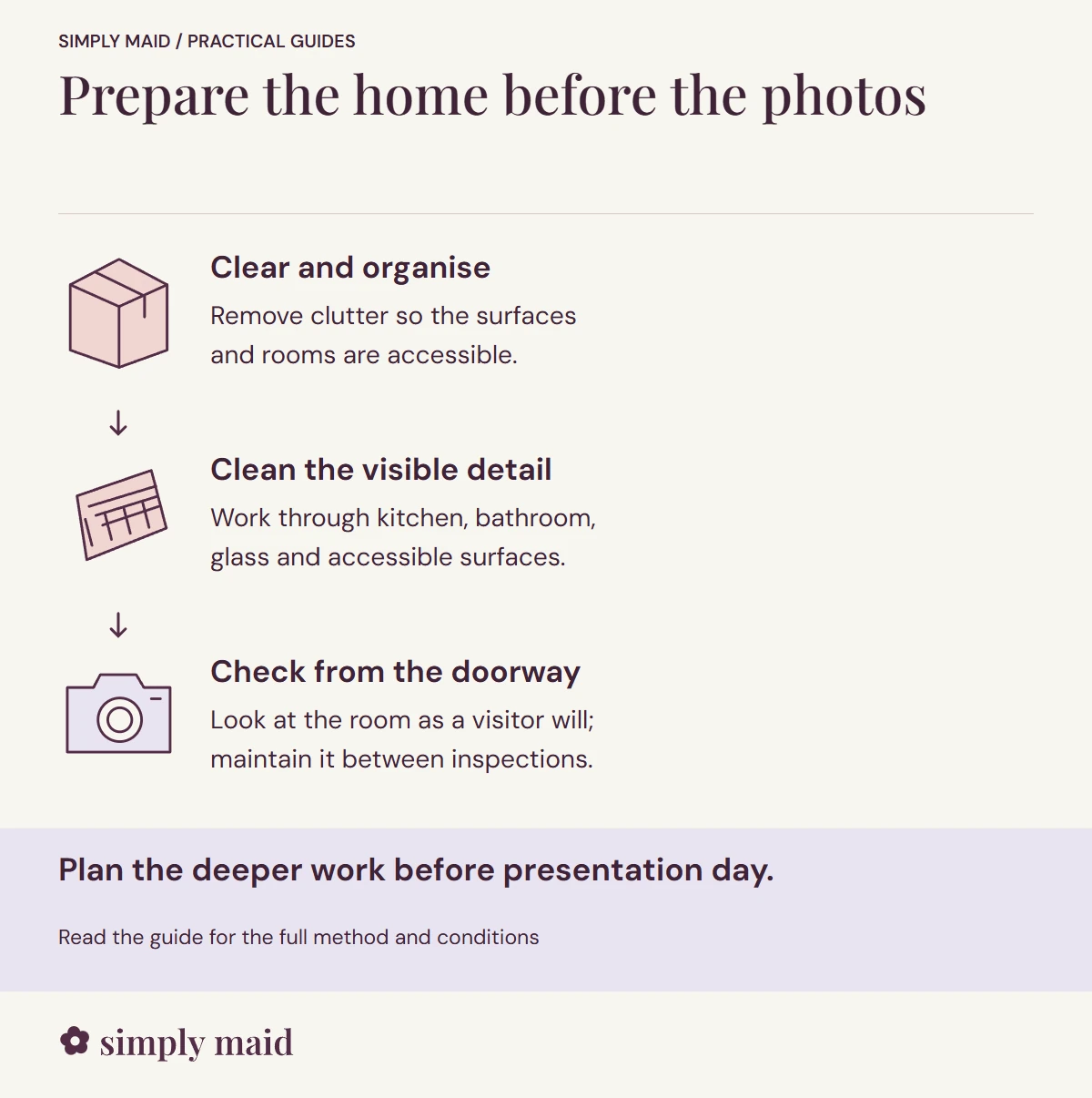 Prepare the home before the photos. Plan the deeper work before presentation day.