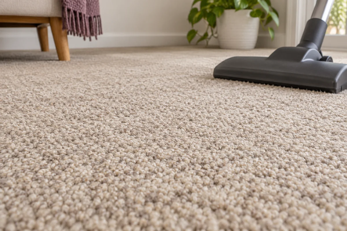 Beige carpet texture in daylight, with a vacuum head resting at the edge.